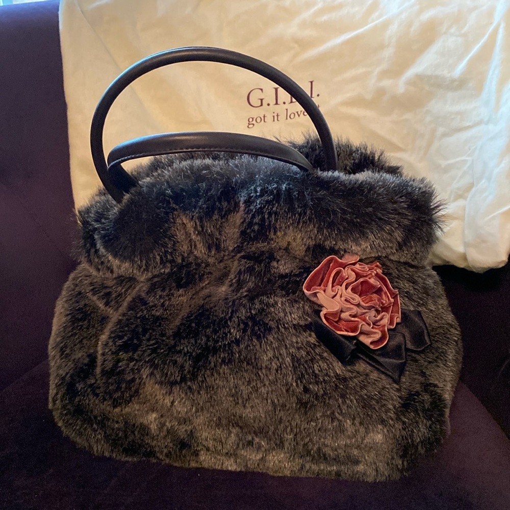 Vintage faux fur statement purse with flower adornment